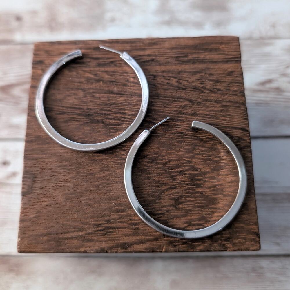 Vintage Stud Earrings 1 & 5/8" Silver Tone Hoops - Fair Condition